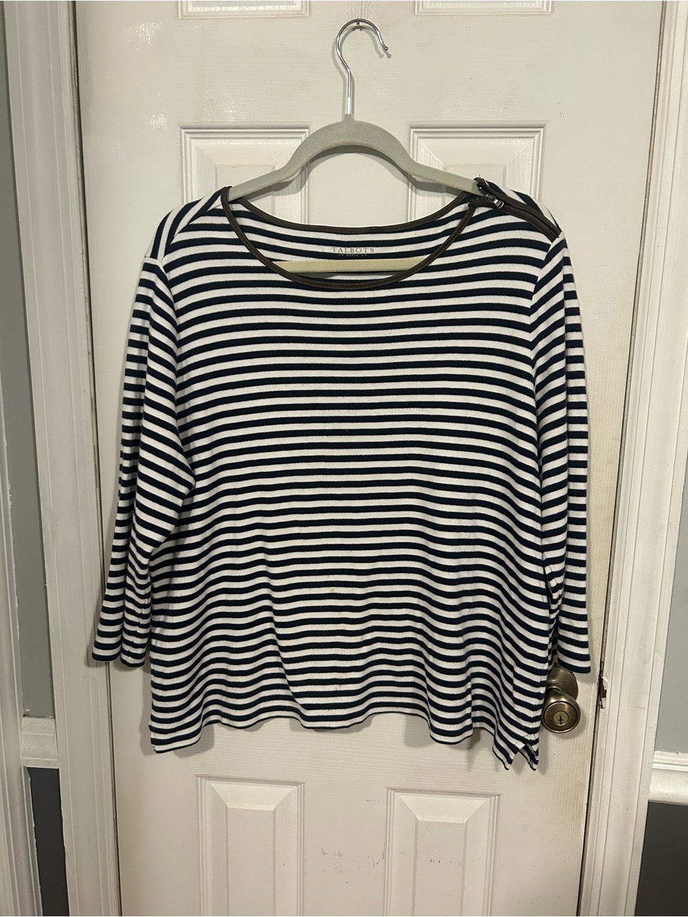 Talbots Nautical Navy and White Striped Long Sleeve Tee with Leather Trim